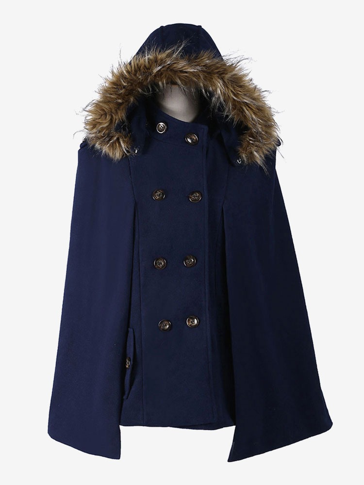 Hooded Cape Coat Double Breast Faux Fur Trim Poncho Cloak For Women