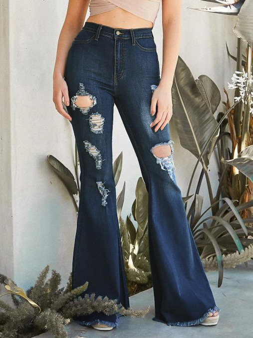 Flare Jeans Raw Edge Ripped High Rise Bell Bottoms For Women 2023