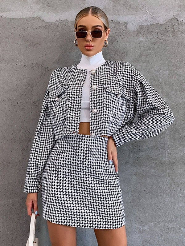 Chanel Style Set Houndstooth Long Sleeve Fall Outfits For Women