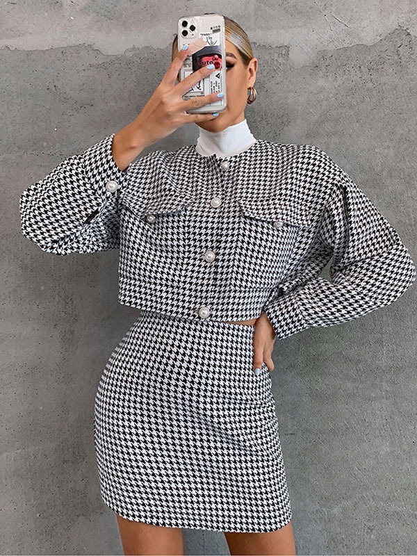 Chanel Style Set Houndstooth Long Sleeve Fall Outfits For Women
