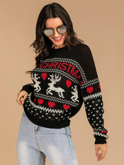 Pullovers For Women Black Christmas Pattern Long Sleeves Polyester Sweaters