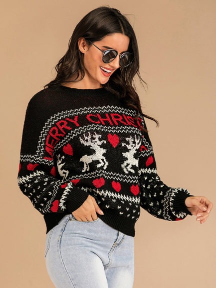 Pullovers For Women Black Christmas Pattern Long Sleeves Polyester Sweaters