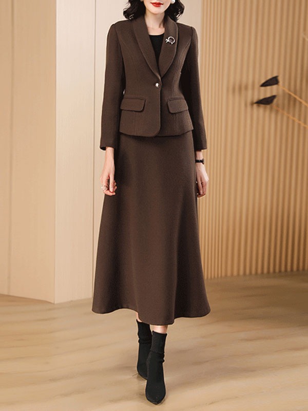 Wool Skirt Set For Women Deep Brown Winter Outerwear
