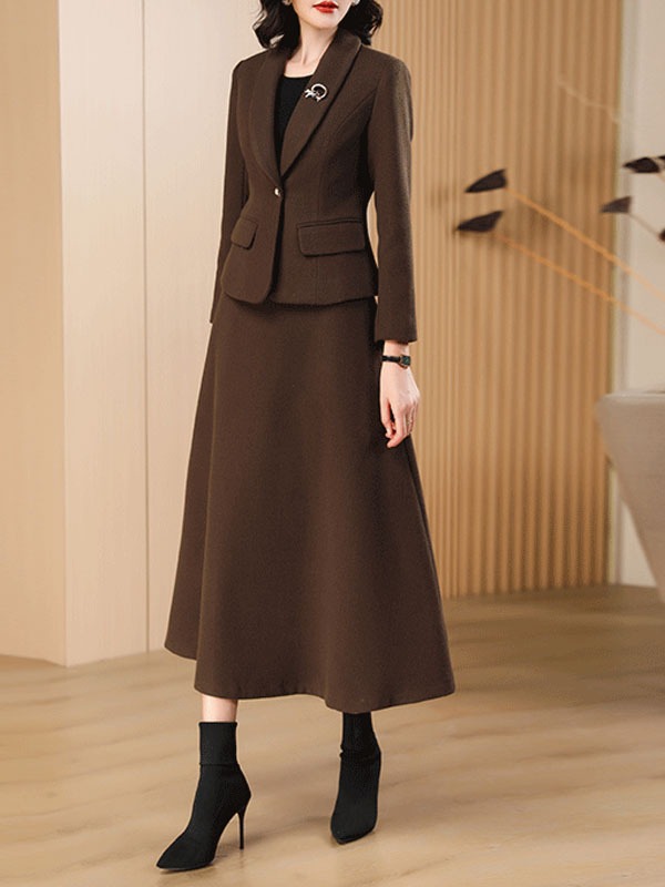 Wool Skirt Set For Women Deep Brown Winter Outerwear