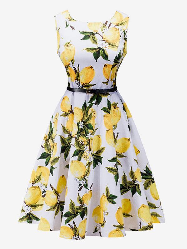Women's Vintage Desss 1950s Audrey Hepburn Style Peach Printed Sleeveless Flare Dress With Belt