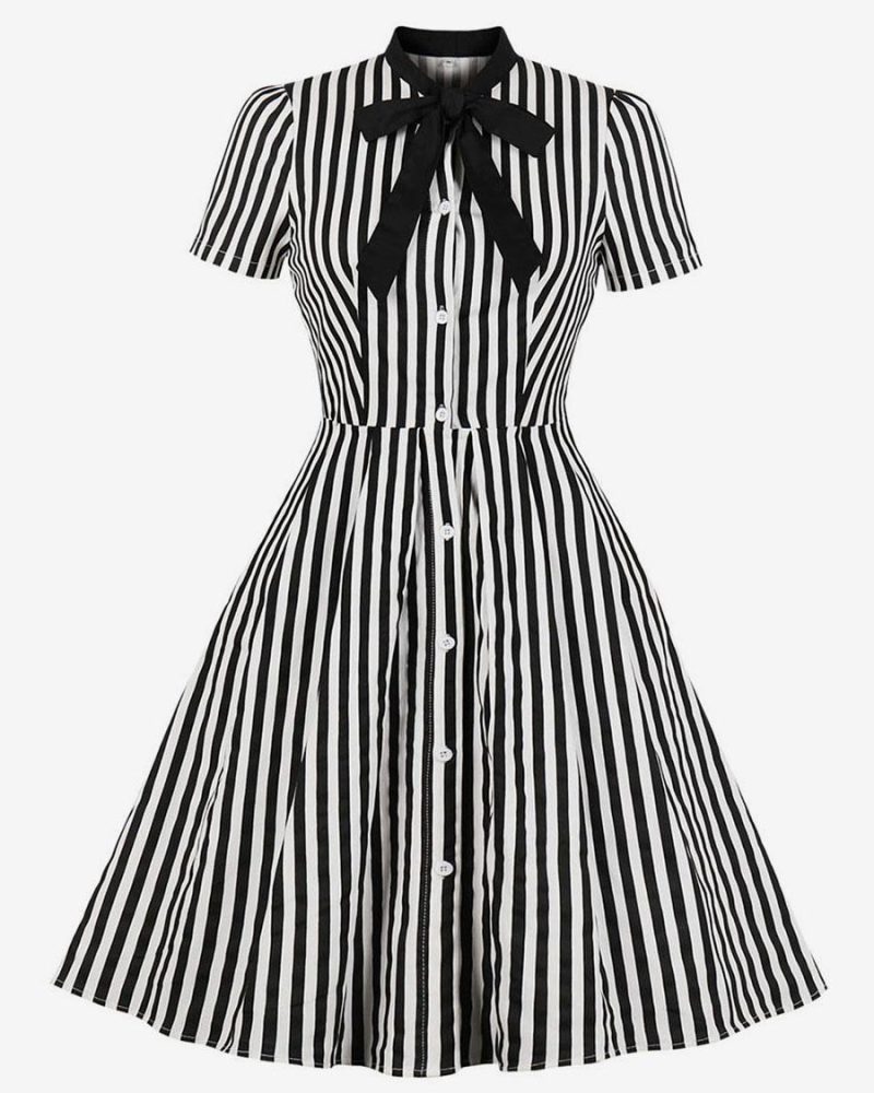 Vintage Dress 1950s Stripe Bow Tie Short Sleeves Women Swing Retro Dress