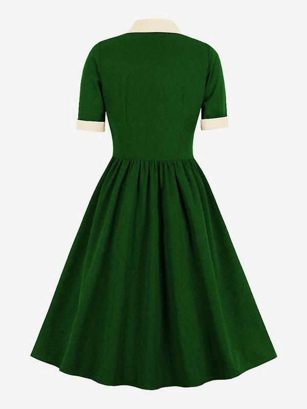 Vintage Dress 1950s Audrey Hepburn Style Green Two-Tone Women Ruffles Short Sleeves Rockabilly Dress