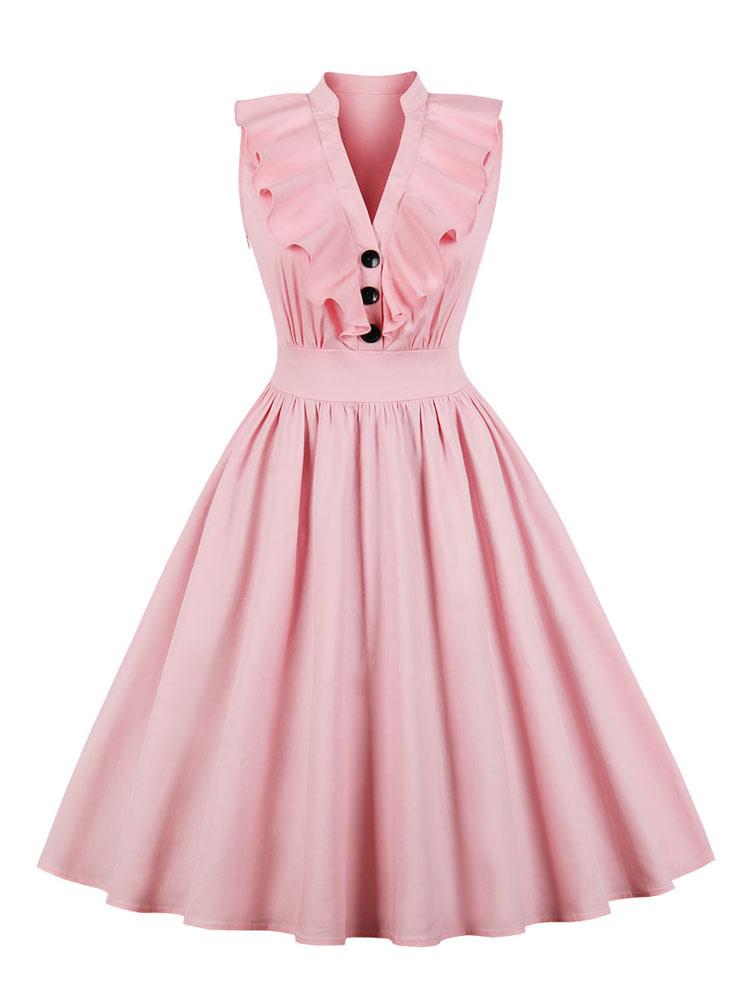 Pink Vintage Dress V Neck Ruffles Buttons Cotton Swing Summer Dress