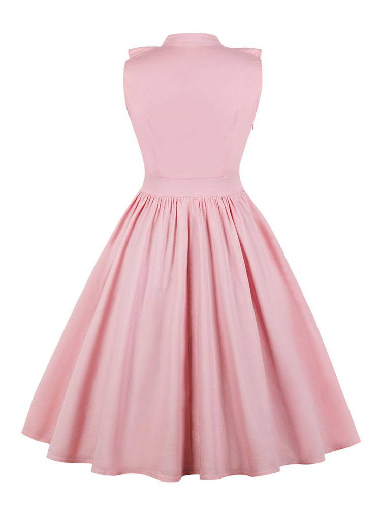 Pink Vintage Dress V Neck Ruffles Buttons Cotton Swing Summer Dress