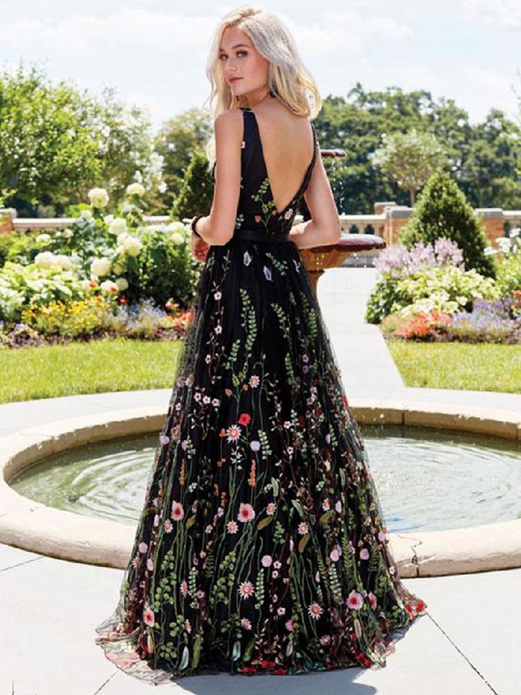Black Maxi Dress V Neck Sleeveless Flower Embroidered Tulle Party Long Warp Dress