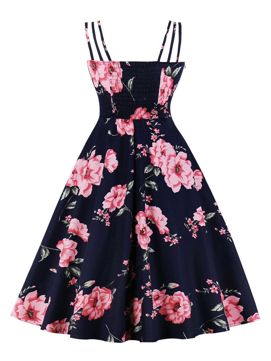 Retro Dress 1950s Audrey Hepburn Style Bateau Neck Open Shoulder Sleeveless Floral Swing Dress