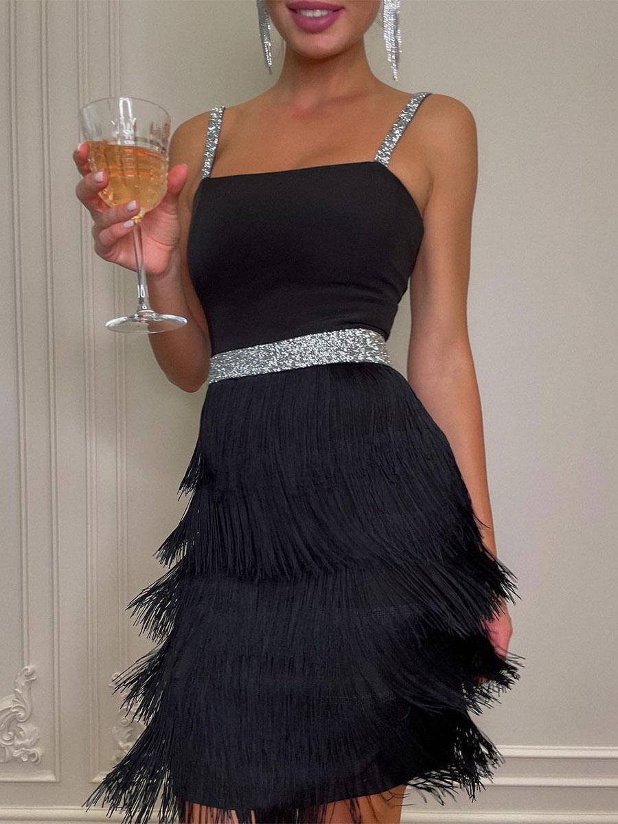 Birthday Club Dress For Women V-Neck Sexy Fringe Sleeveless Two-Tone Backless Black Sexy Dress