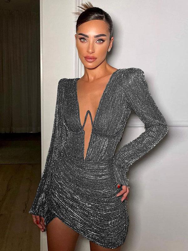 Sexy Birthday Party Dress For Women V-Neck Long Sleeves CLub Bodycon Dress
