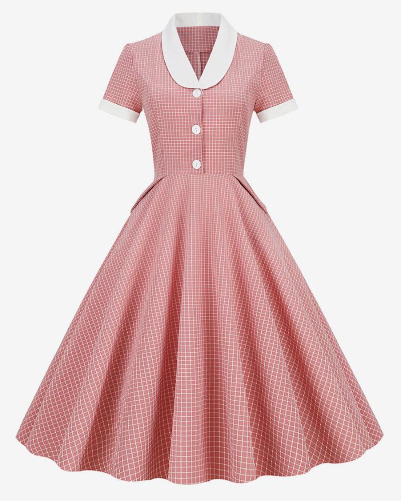 Barbie Pink Gingham Dress 1950s Audrey Hepburn Style Short Sleeves Vintage Dress