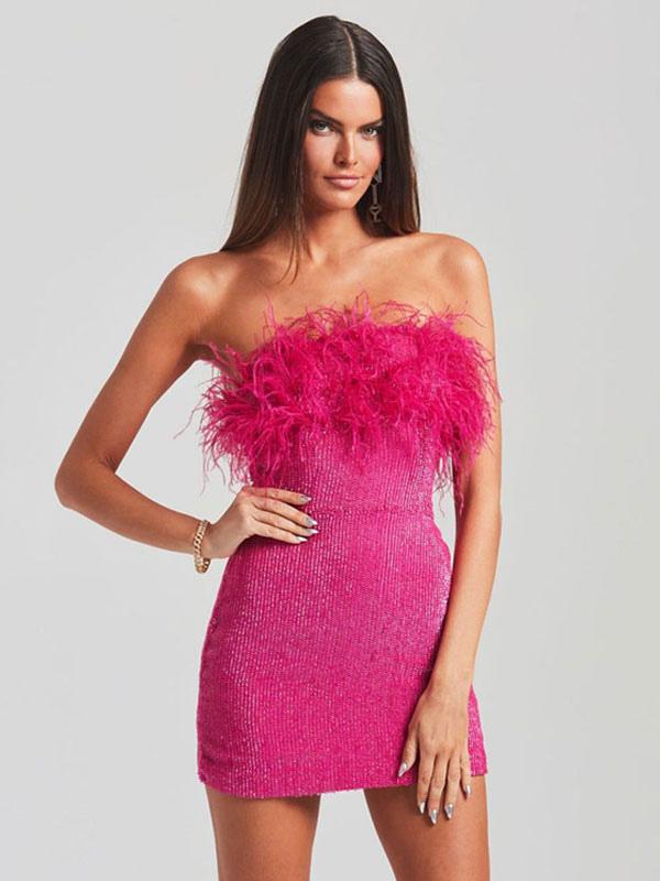 Sequin Party Dresses Sleeveless Feather Birthday Semi Formal Mini Prom Dress