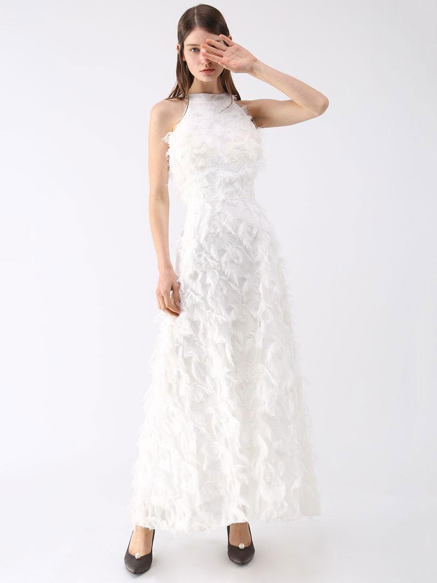 Party Dresses Feathers Tassel Halter Neck Semi Formal Long Dress