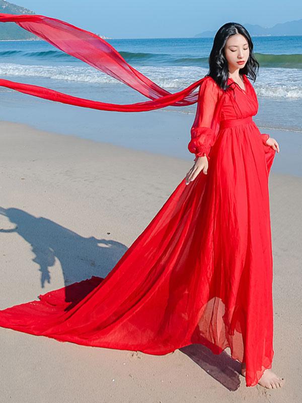 White Maxi Dress Long Sleeves Crepe Chiffon Beach Wedding Dress