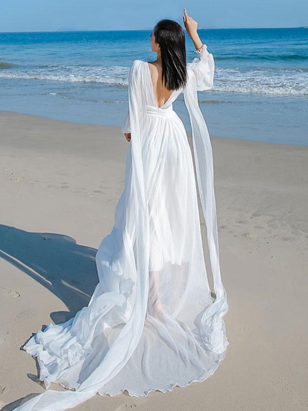 White Maxi Dress Long Sleeves Crepe Chiffon Beach Wedding Dress