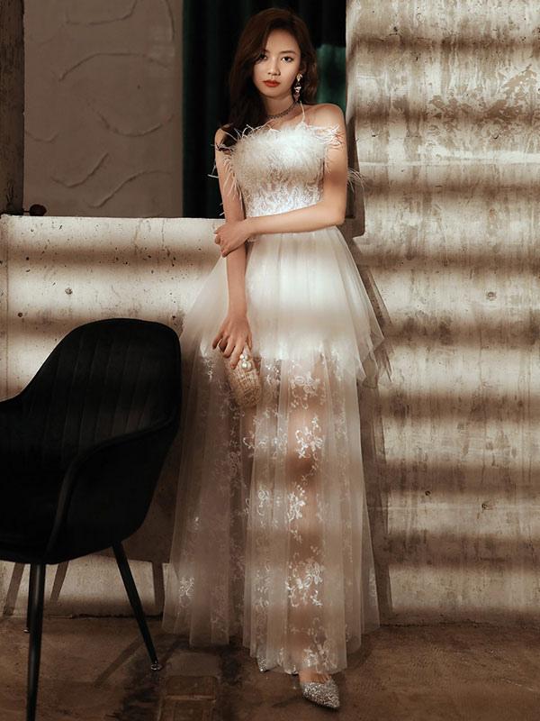 Birthday Party Dresses White Lace Semi Formal Long Dress