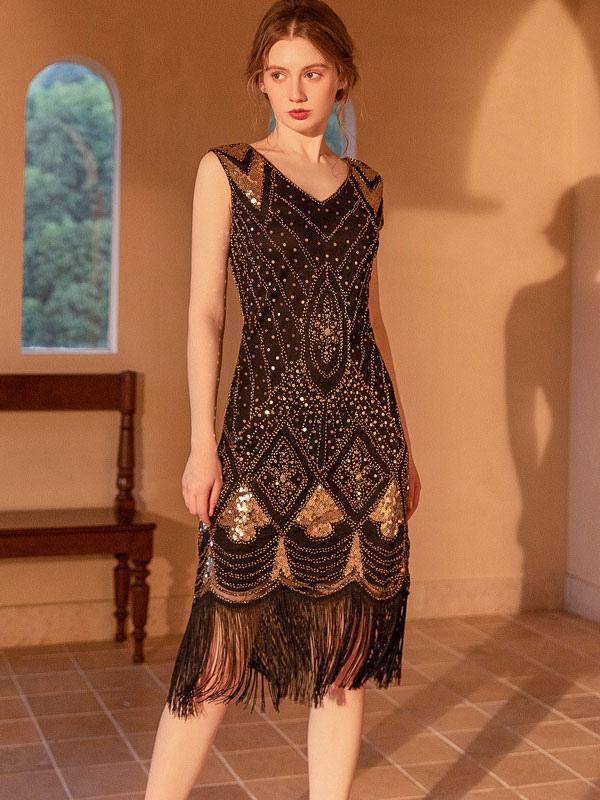 1920S Party Dresses V-Neck Sequins Sleeveless Semi Formal Dress