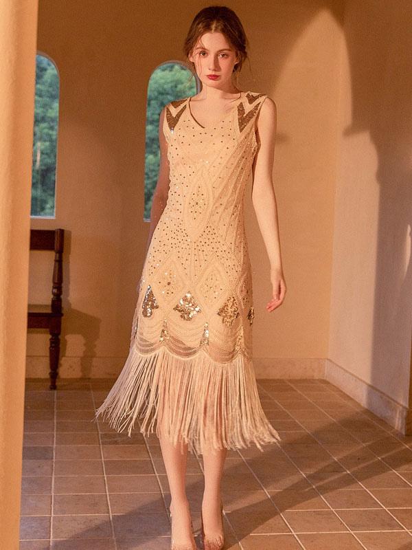 1920S Party Dresses V-Neck Sequins Sleeveless Semi Formal Dress
