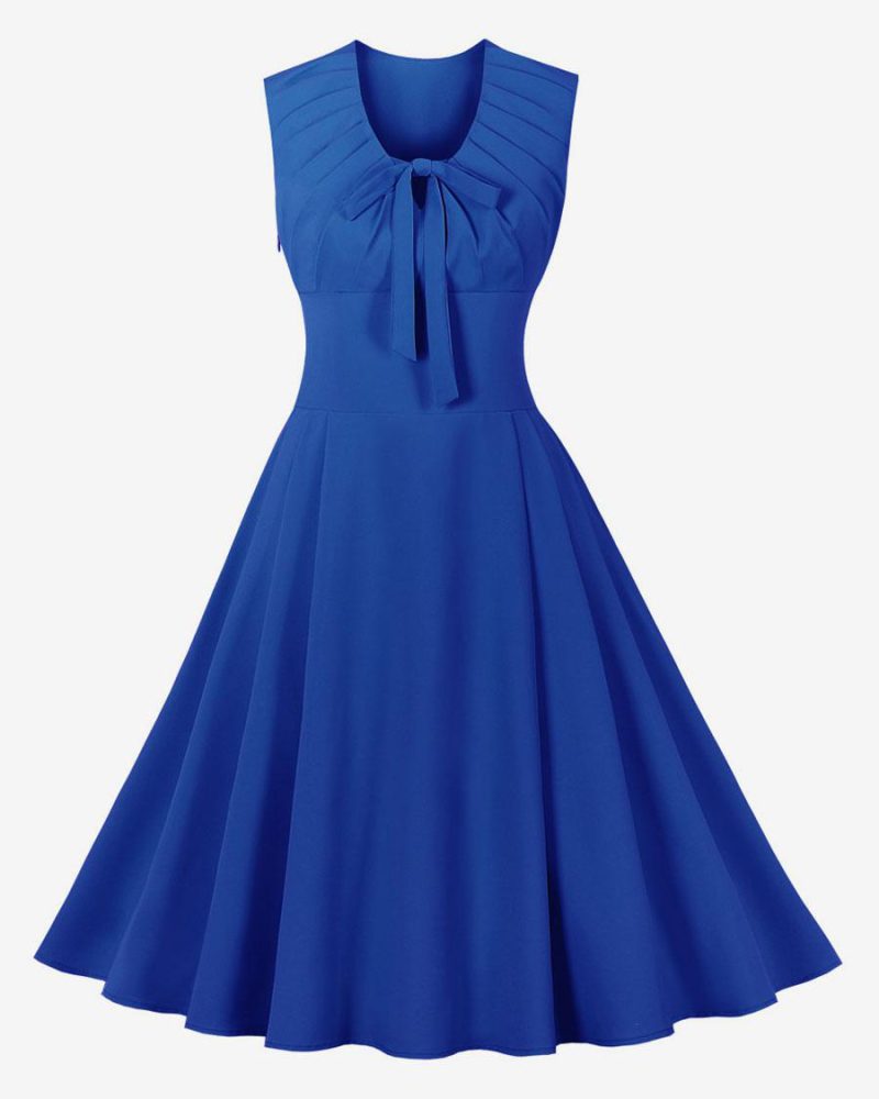 Vintage Dress 1950s Audrey Hepburn Style V-Neck Bows Sleeveless Knee Length Swing Dress