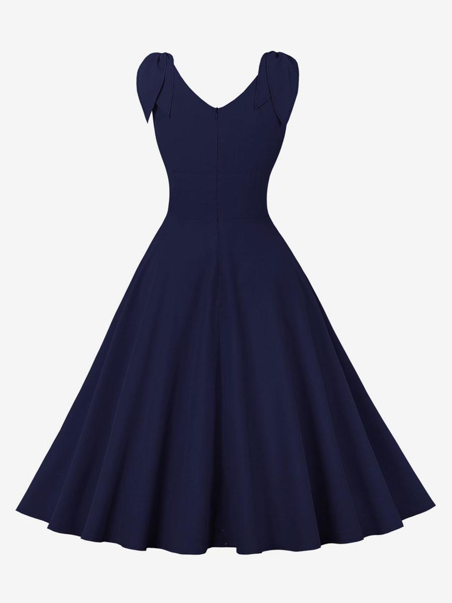Vintage Dress 1950s Audrey Hepburn Style Blue Sleeveless V-Neck Swing Dress