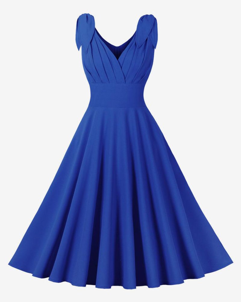 Vintage Dress 1950s Audrey Hepburn Style Blue Sleeveless V-Neck Swing Dress