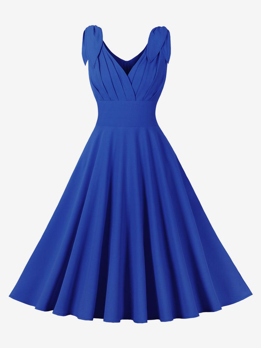 Vintage Dress 1950s Audrey Hepburn Style Blue Sleeveless V-Neck Swing Dress