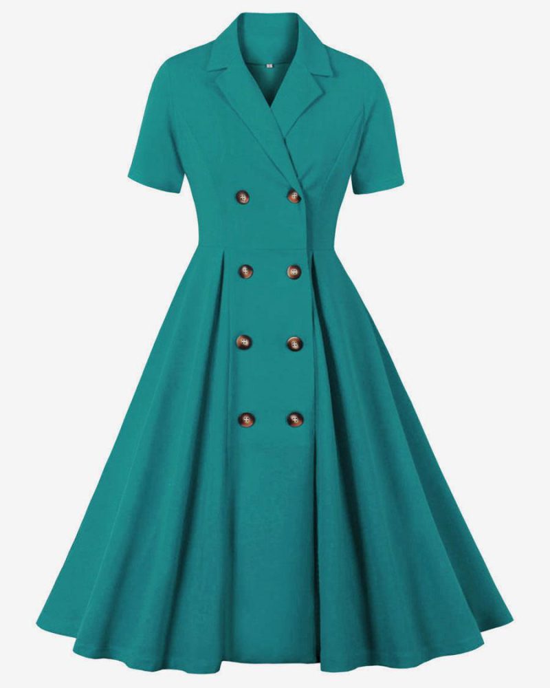 Retro Dress 1950s Audrey Hepburn Style Cyan Buttons Short Sleeves V-Neck Swing Dress