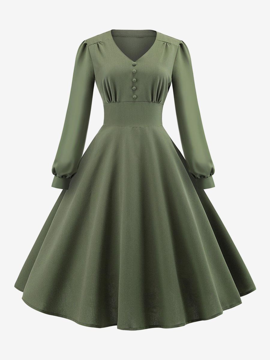 Vintage Dress 1950s Audrey Hepburn Style V-Neck Layered Long Sleeves Medium
