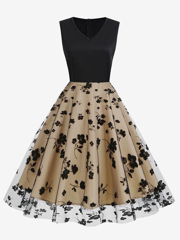 Retro Dress 1950s Audrey Hepburn Style Black Two-Tone Layered Embroidered Sleeveless V-Neck Rockabilly Dress