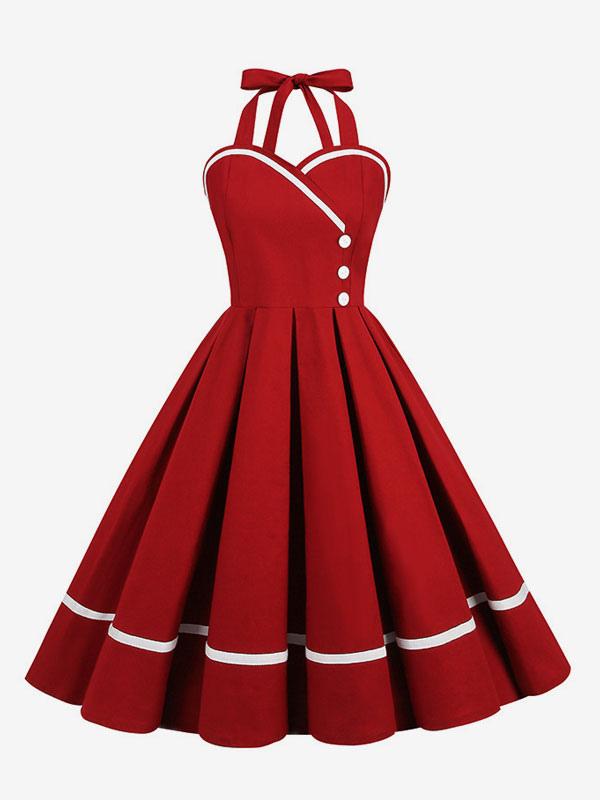 Retro Dress 1950s Audrey Hepburn Style Burgundy Layered Buttons Sleeveless Sweetheart Neck Swing Dress