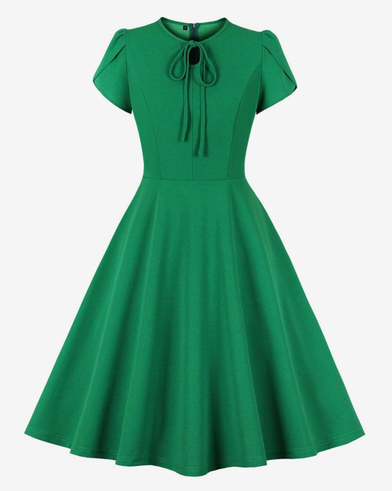 Retro Dress 1950s Audrey Hepburn Style Jewel Neck Lace Up Short Sleeves Knee Length Swing Dress