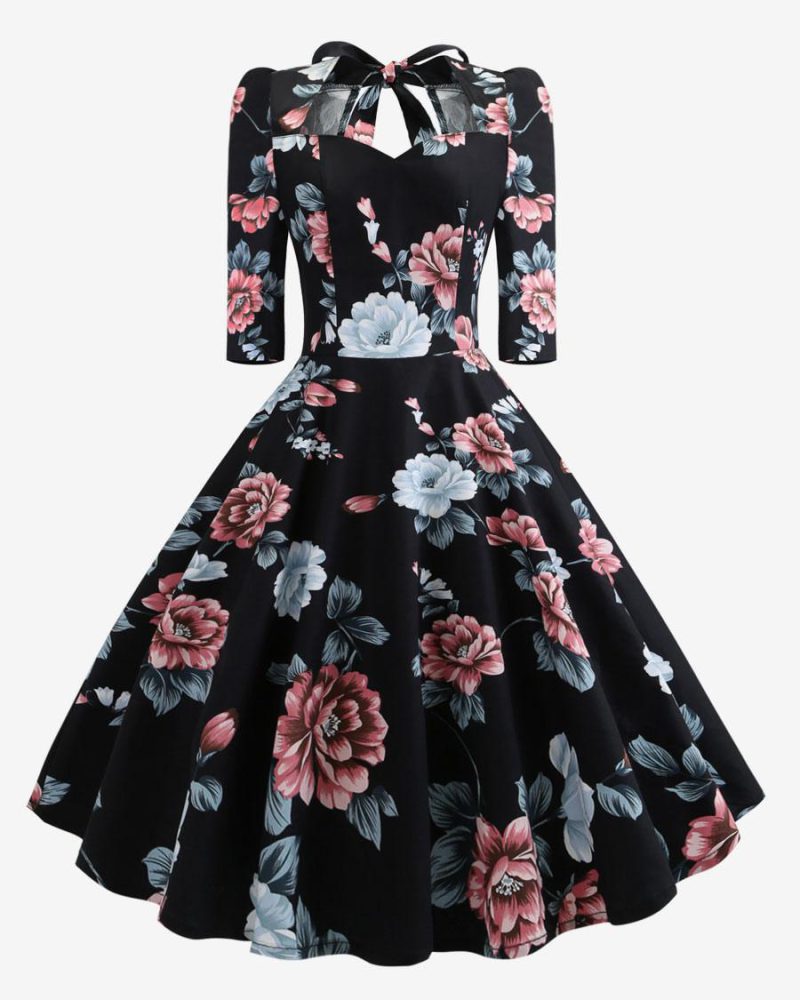 Vintage Dress 1950s Audrey Hepburn Style Sweetheart Neck Lace Up Layered 3/4 Length Sleeves Medium Floral Print Rockabilly Dress