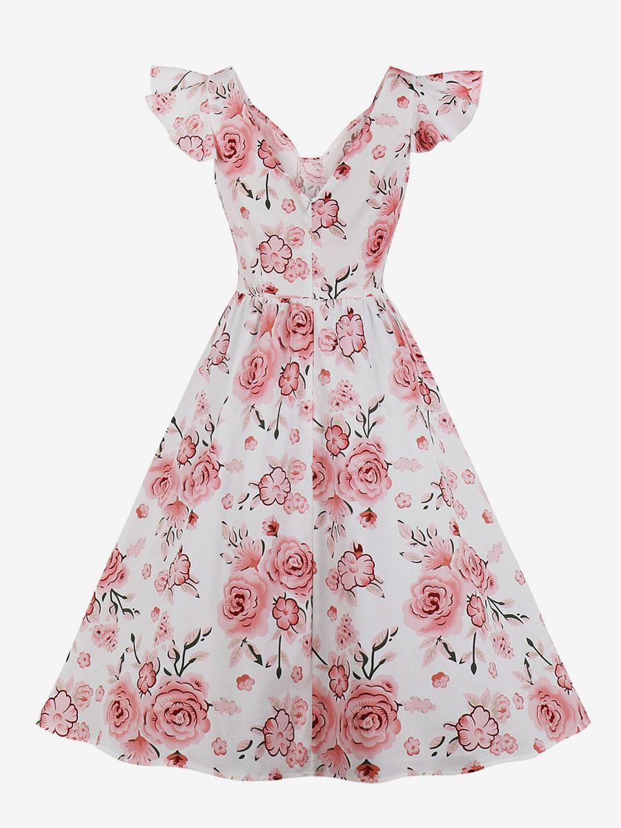 Vintage Dress 1950s Audrey Hepburn Style V-Neck Sleeveless Medium Printed Swing Dress