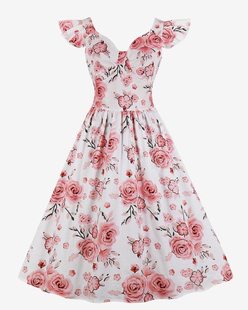 Vintage Dress 1950s Audrey Hepburn Style V-Neck Sleeveless Medium Printed Swing Dress