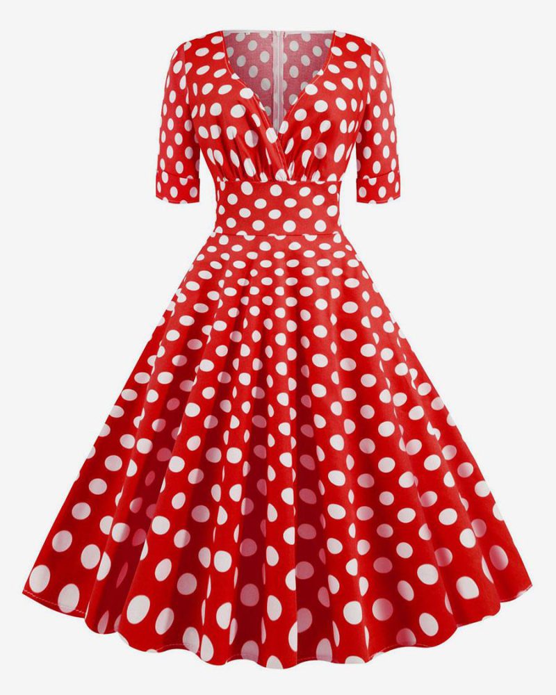 Vintage Dress 1950s Audrey Hepburn Style Red Polka Dot Short Sleeves V-Neck Swing Dress
