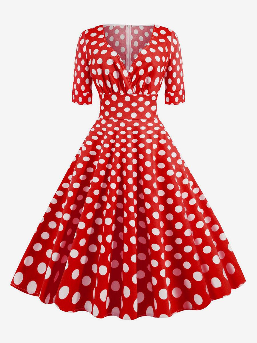 Vintage Dress 1950s Audrey Hepburn Style Red Polka Dot Short Sleeves V-Neck Swing Dress