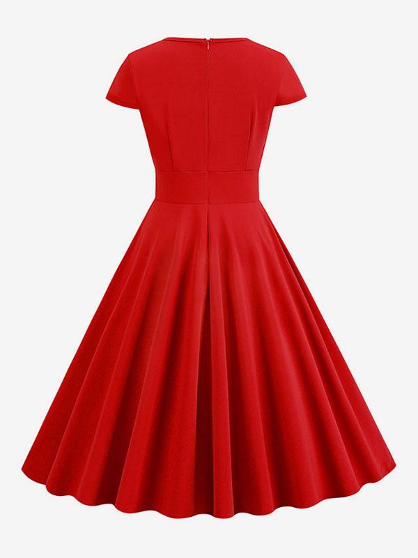 Vintage Dress 1950s Audrey Hepburn Style Jewel Neck Cut Out Short Sleeves Medium Swing Dress