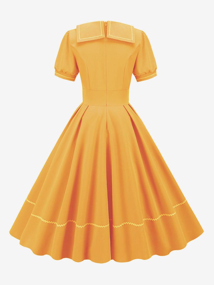 Vintage Dress 1950s Audrey Hepburn Style Yellow Short Sleeves Turndown Collar Medium Swing Dress