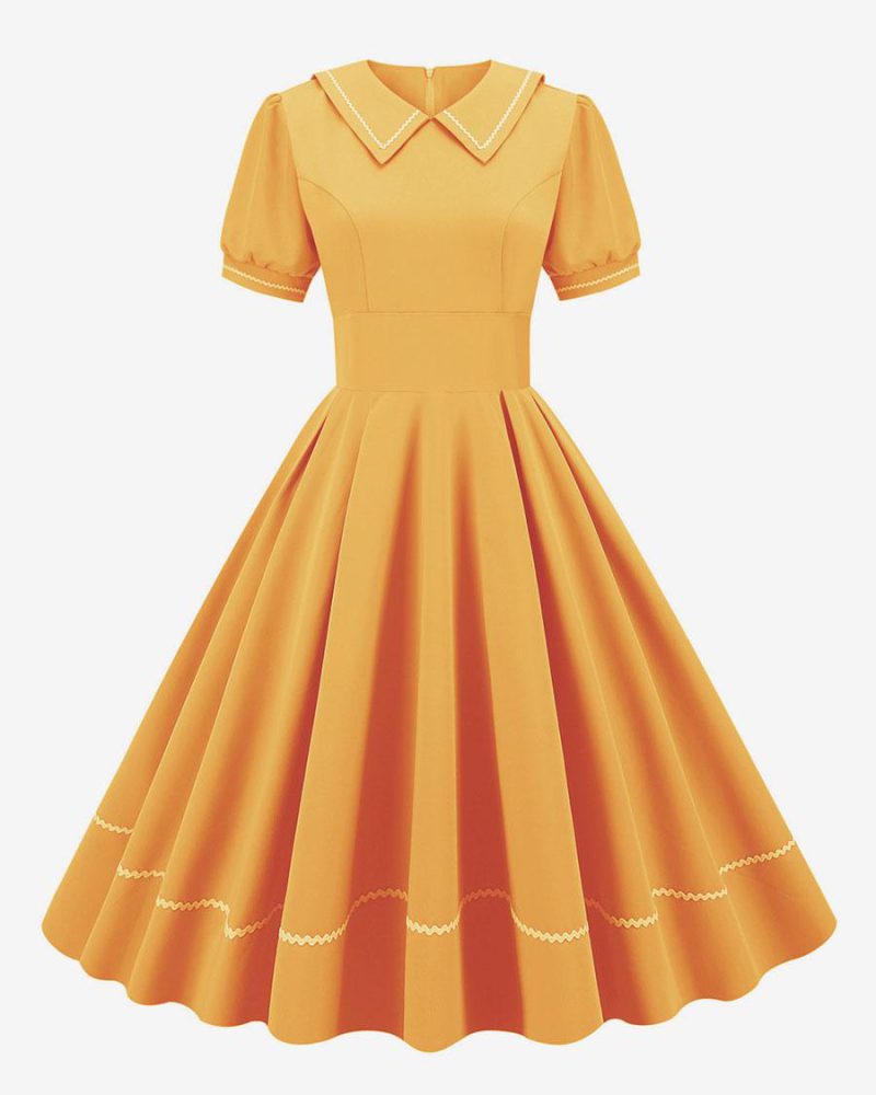 Vintage Dress 1950s Audrey Hepburn Style Yellow Short Sleeves Turndown Collar Medium Swing Dress