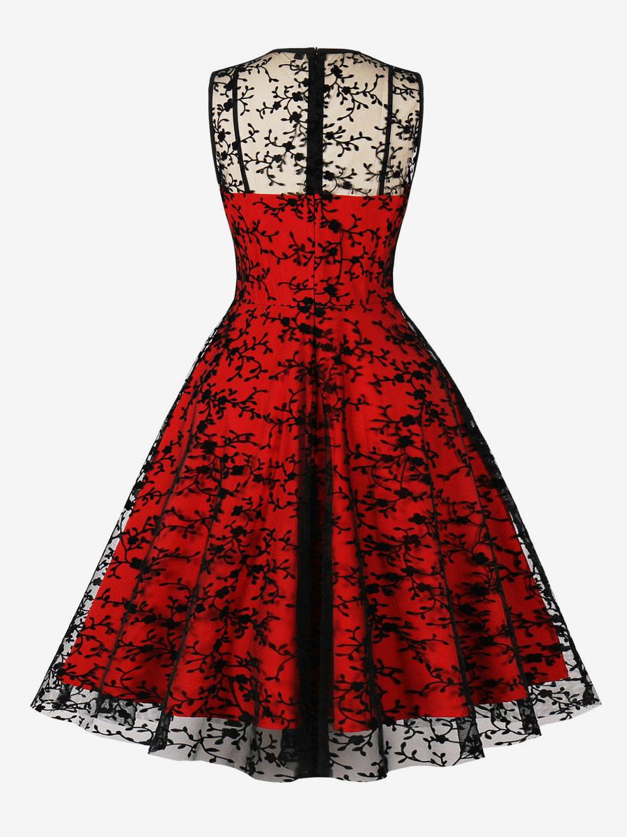 Retro Dress Red Floral Print 1950s Audrey Hepburn Style Lace Sleeveless Crewneck Knee Length Rockabilly Dress