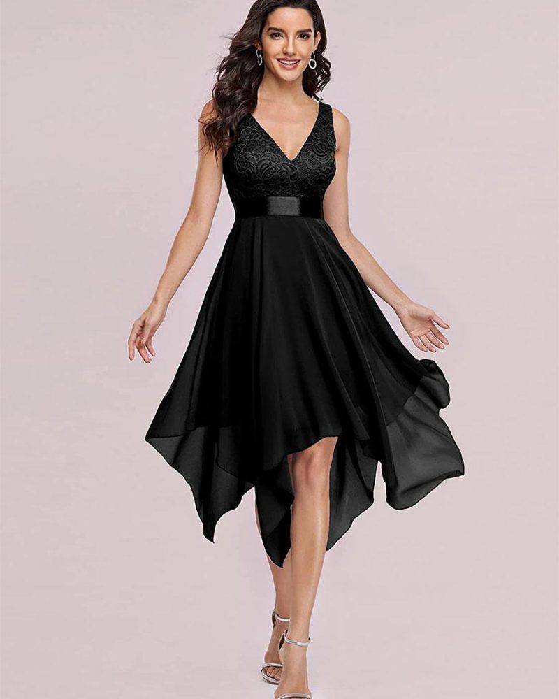 Party Dresses Black V-Neck Lace Sleeveless Irregular Semi Formal Dress