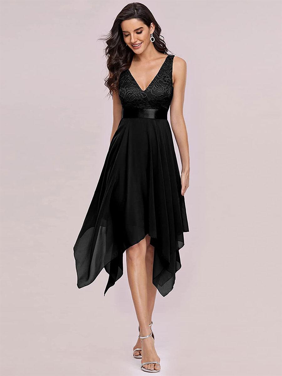 Party Dresses Black V-Neck Lace Sleeveless Irregular Semi Formal Dress