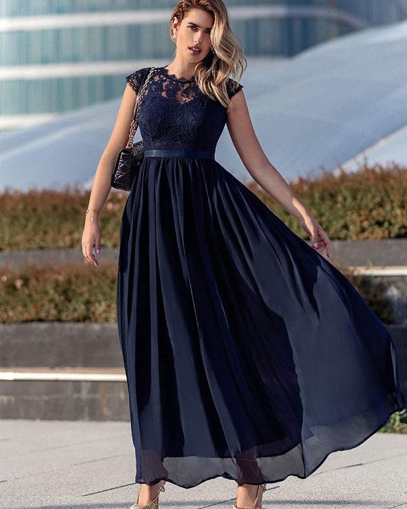 Party Dresses Jewel Neck Lace Short Sleeves Layered Semi Formal Dress