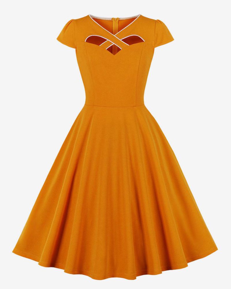 Retro Dress Orange Cut Out 1950s Audrey Hepburn Style Short Sleeves V-Neck Knee Length Swing Dress