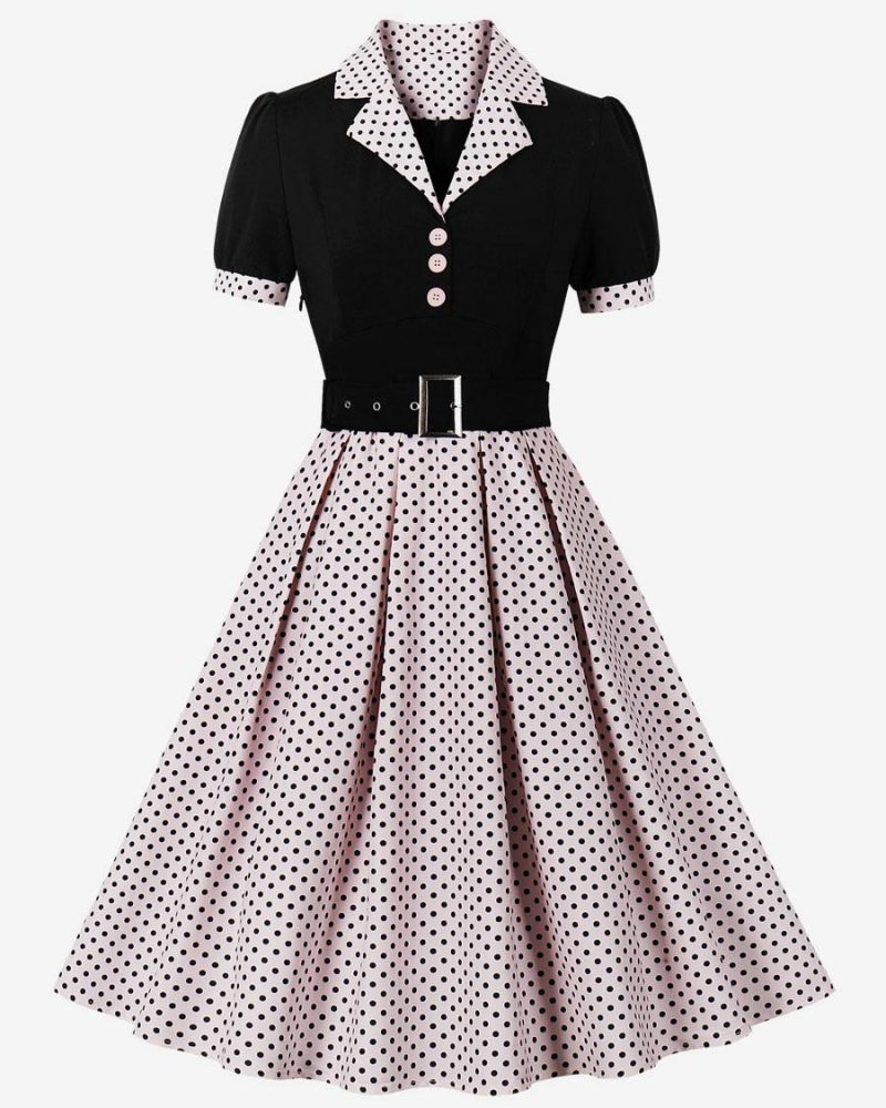 Vintage Dress Pink Polka Dot 1950s Audrey Hepburn Style Sash Short Sleeves V-Neck Knee Length Swing Dress