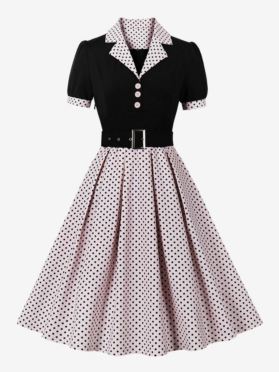 Vintage Dress Pink Polka Dot 1950s Audrey Hepburn Style Sash Short Sleeves V-Neck Knee Length Swing Dress