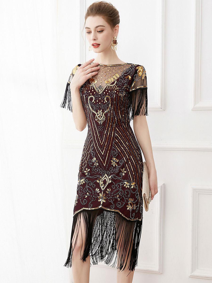 Party Dresses Burgundy Jewel Neck Sequins Short Sleeves Sheer Semi Formal Dress